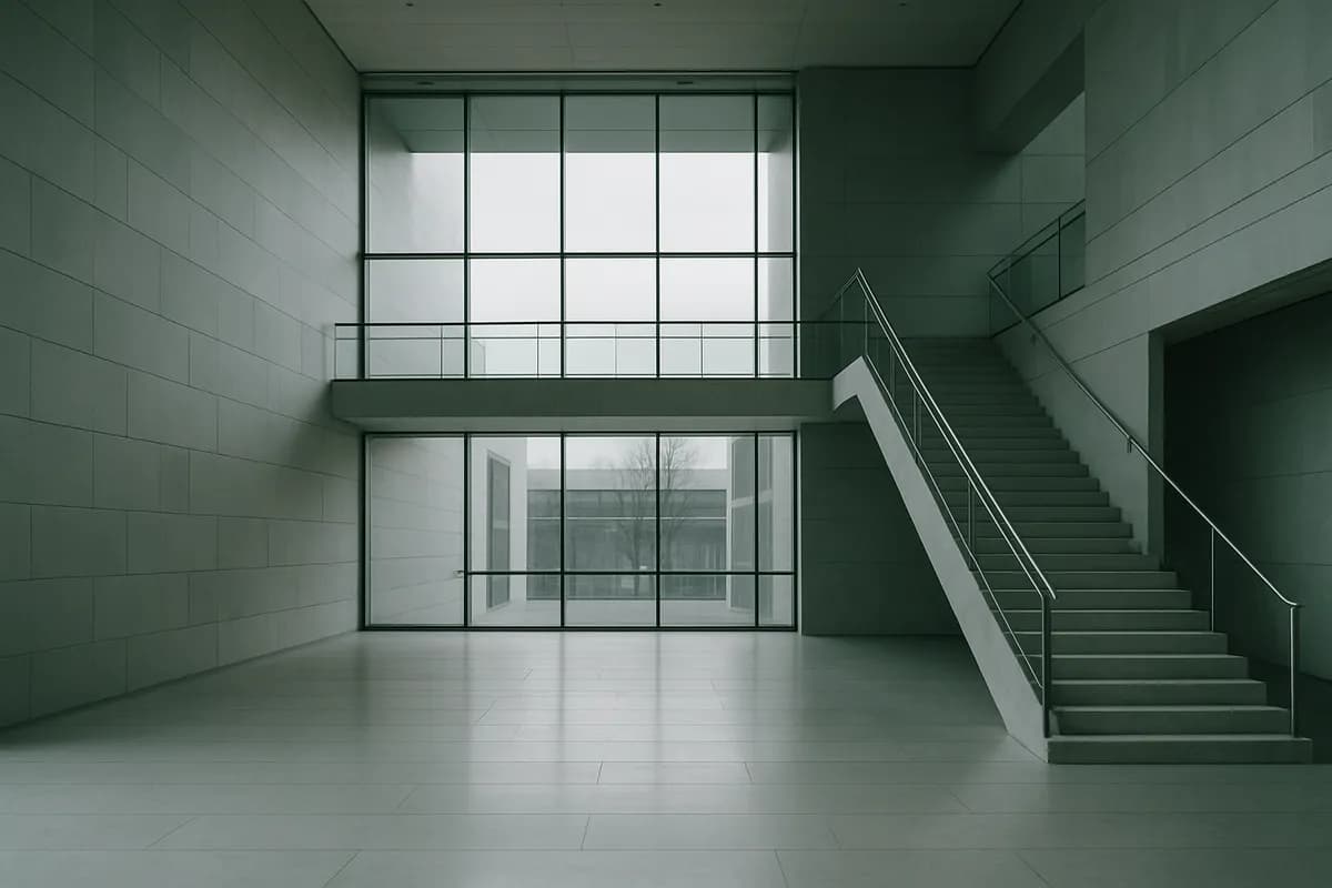 A quiet double-height atrium in stone and glass, daylight falling across an empty floor.