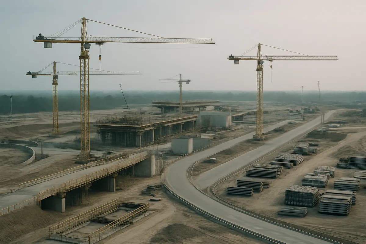 A large civil infrastructure site at first light: tower cranes, concrete forms and laid-out roadways.