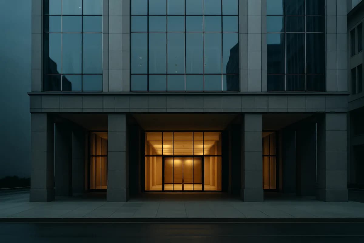 The colonnaded lower facade of a financial institution at dusk, lobby lit within.