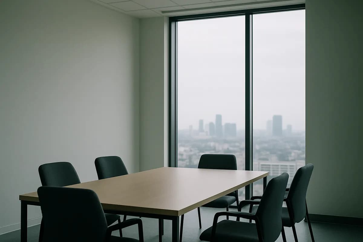 An empty meeting room with a plain table and a full-height window looking over a city.