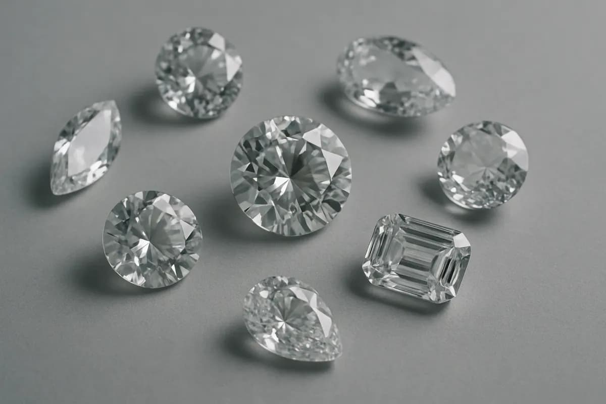 Cut and polished colourless gemstones arranged on a matte grey surface.