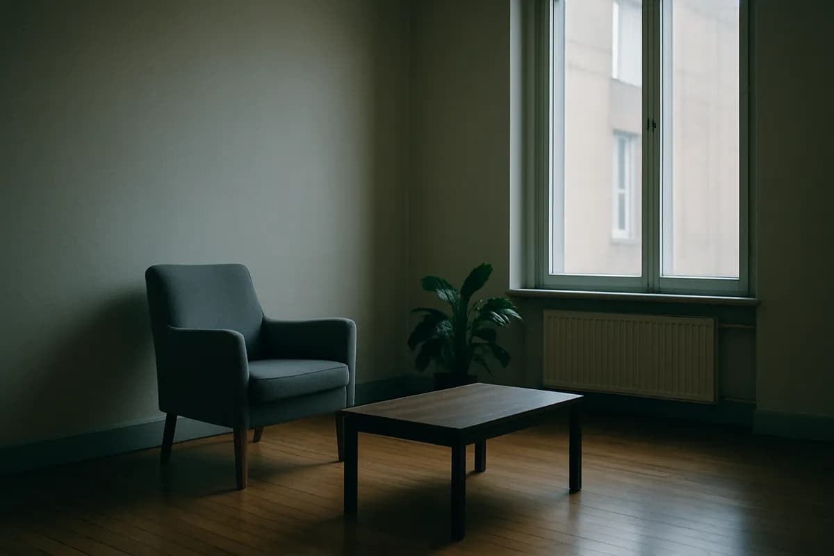 A quiet consulting room with a single armchair beside a tall window.
