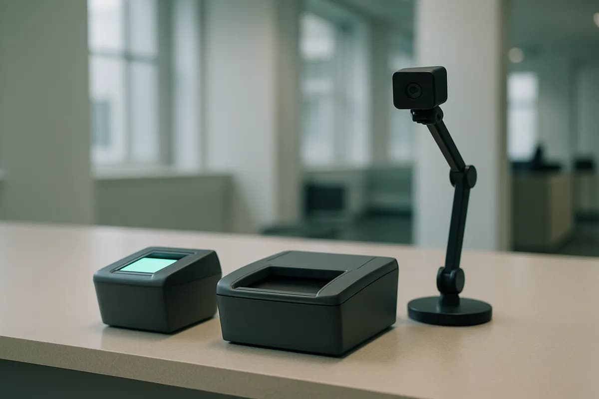A biometric enrolment station on a civic office counter: fingerprint scanner, document reader and camera.