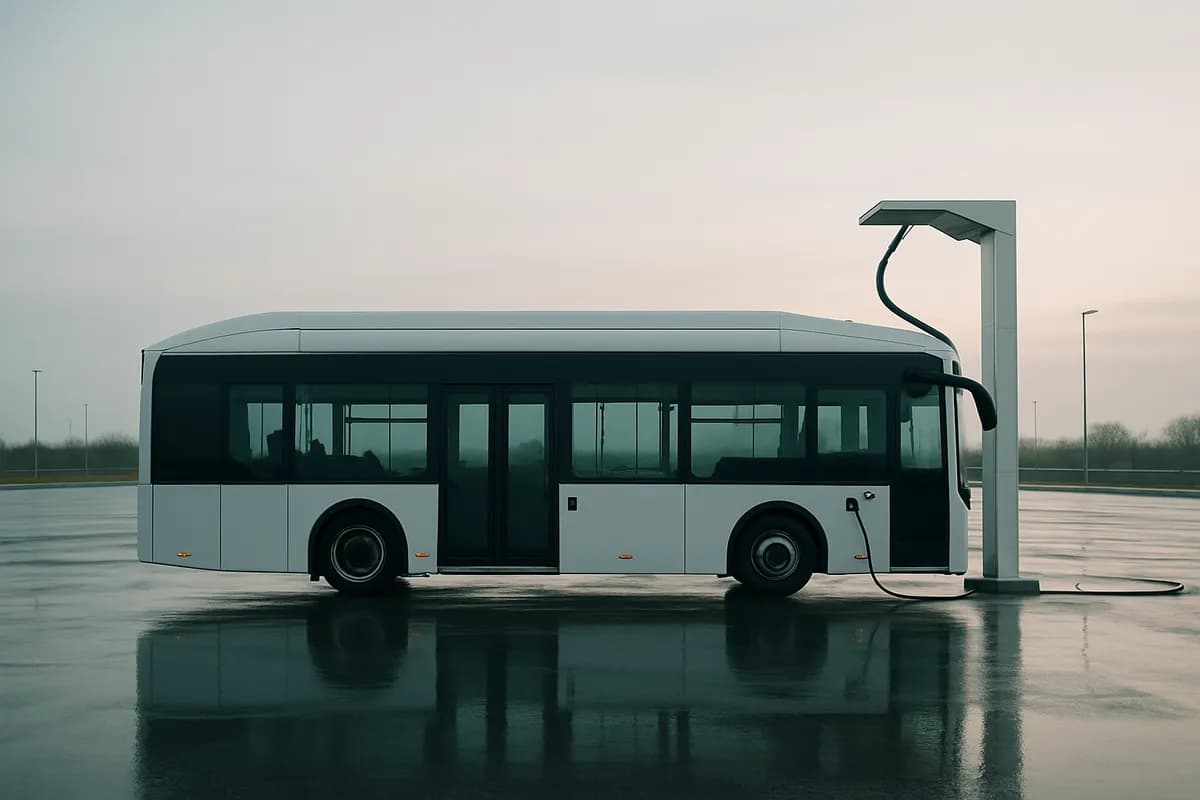 An electric city bus in profile at a charging point on an open forecourt at dawn.