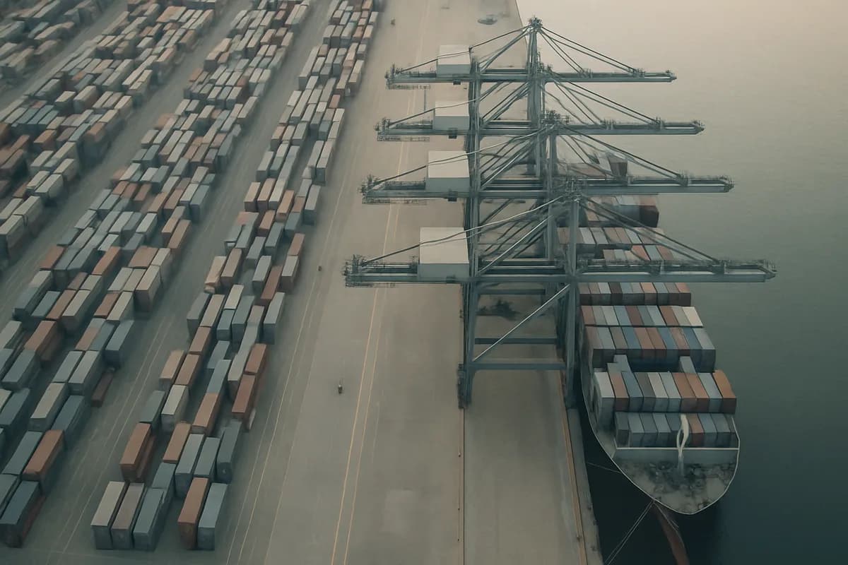 A container port at dawn seen from above: rows of stacked containers, gantry cranes along the quay.