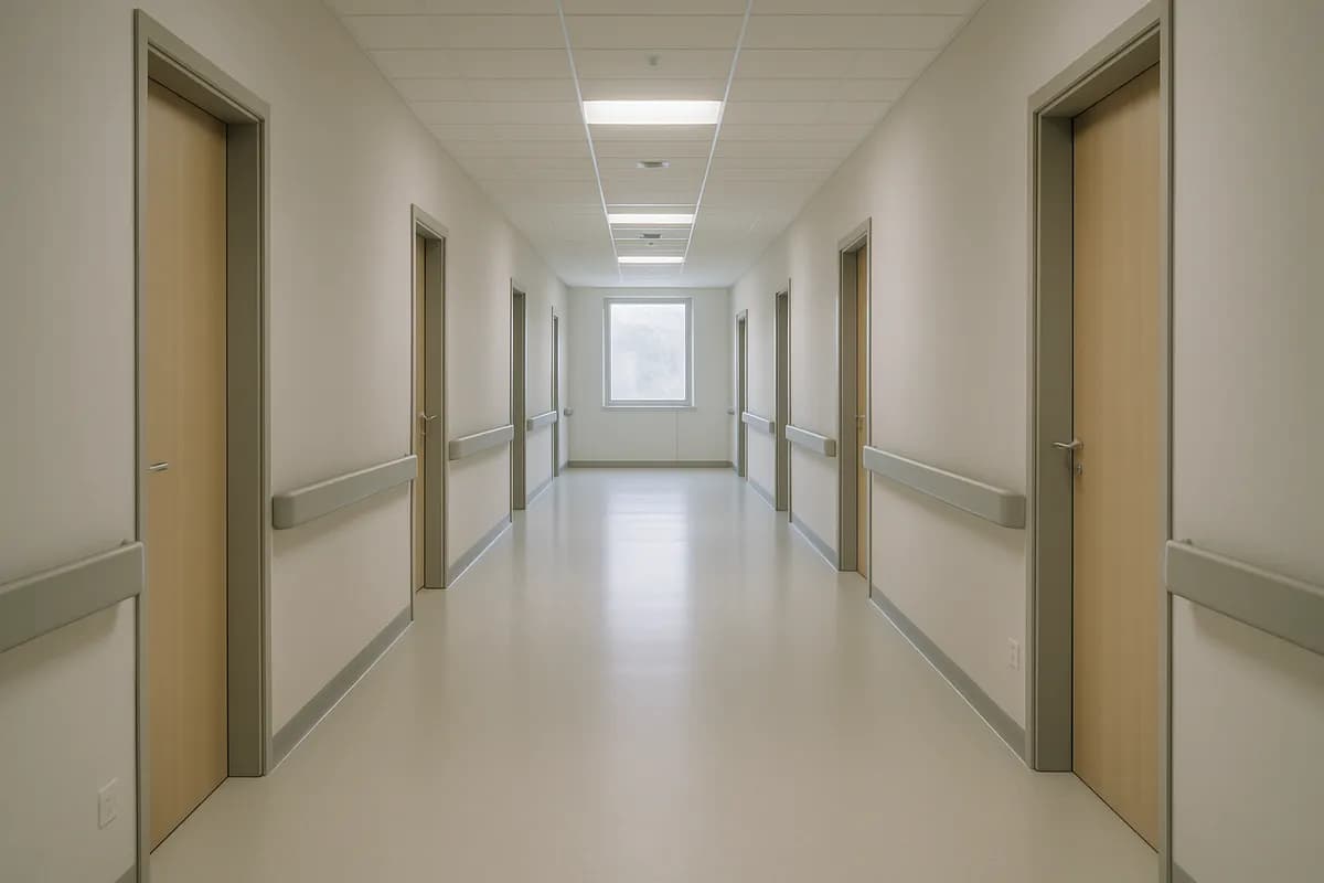An empty corridor in a newly built hospital wing, daylight from the far window.