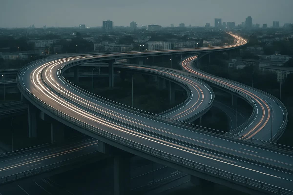 A multi-level road interchange at night, traffic drawn out into ribbons of light.
