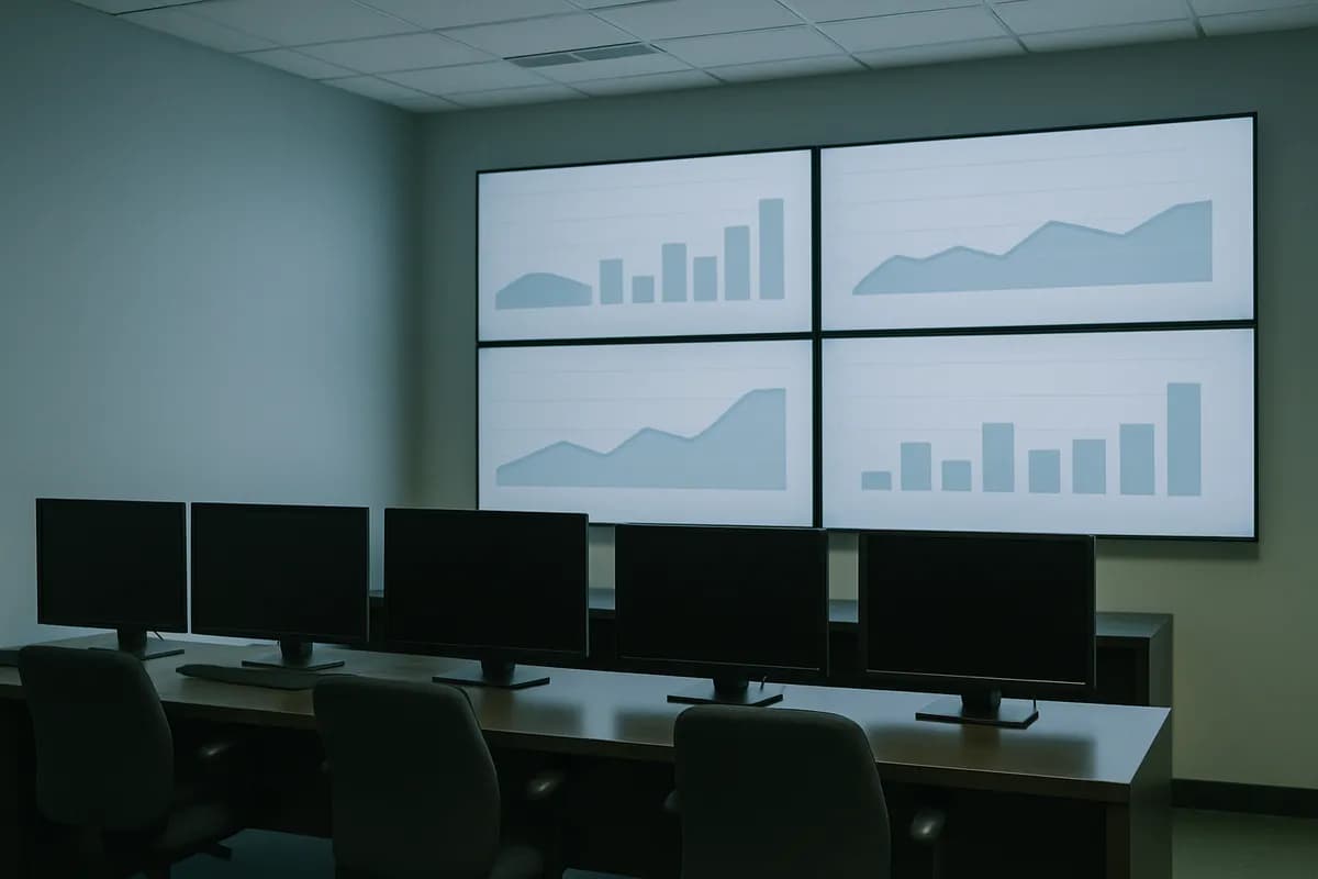 An empty network operations room, monitors facing a wall of large displays.