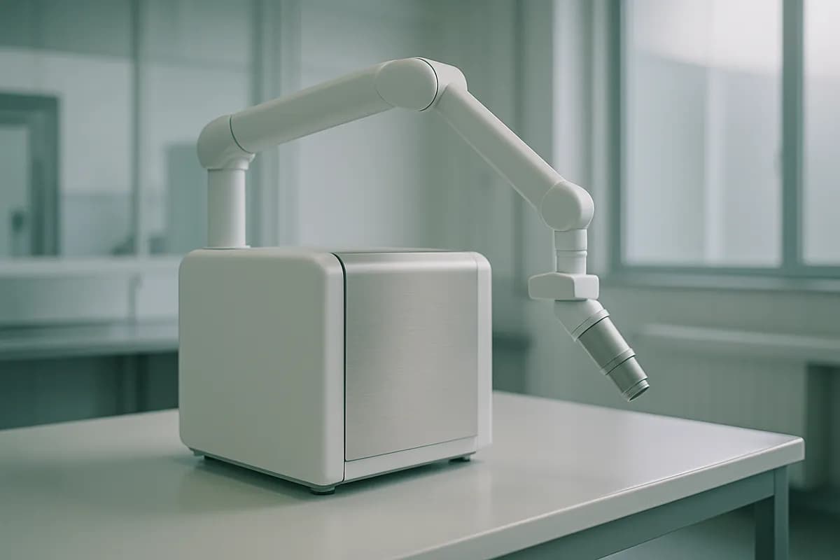 A precision medical device on a laboratory bench under soft, even light.
