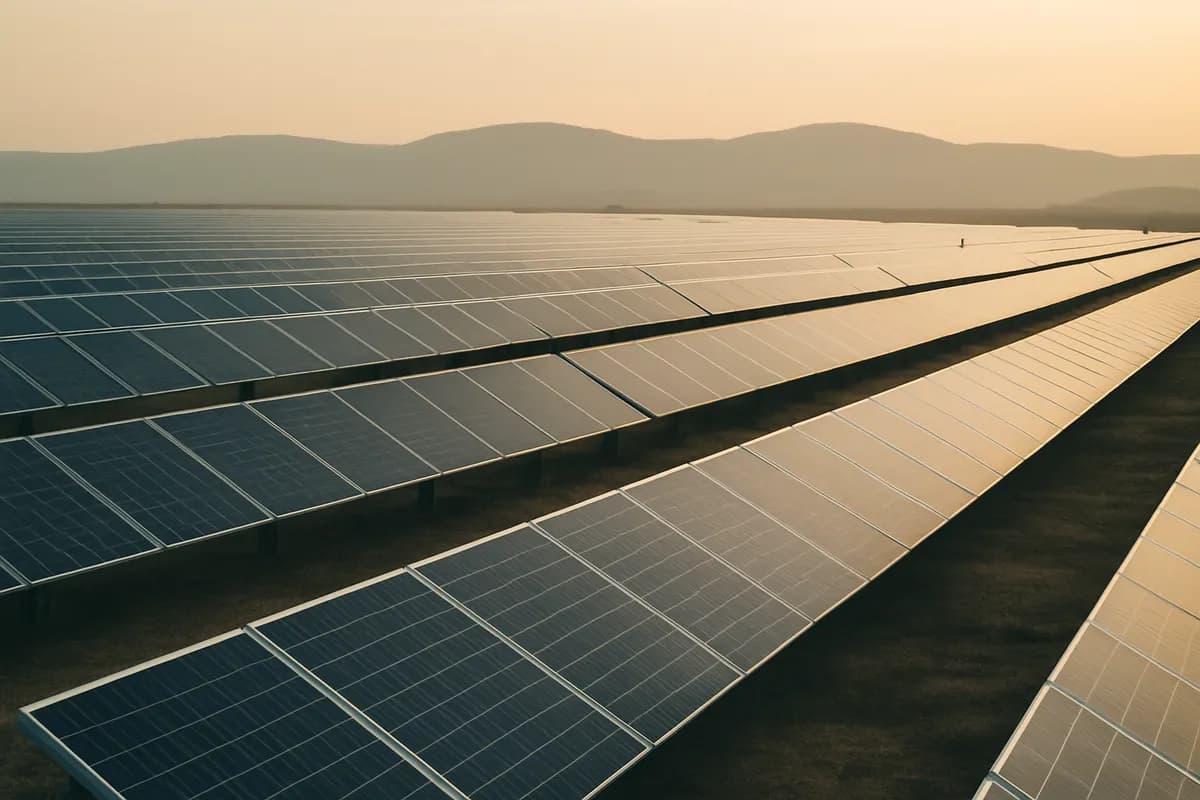 Long parallel rows of solar panels running towards distant hills at sunrise.