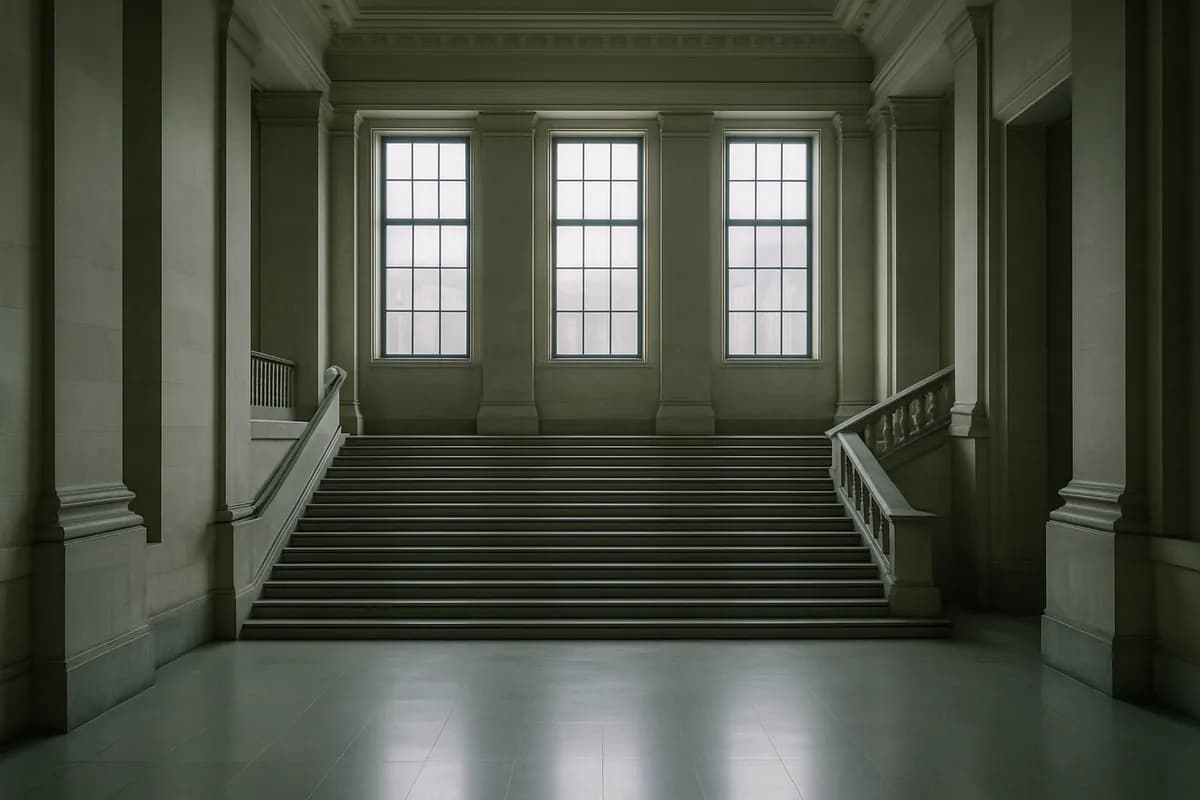 A wide stone staircase rising beneath tall windows inside a government building.