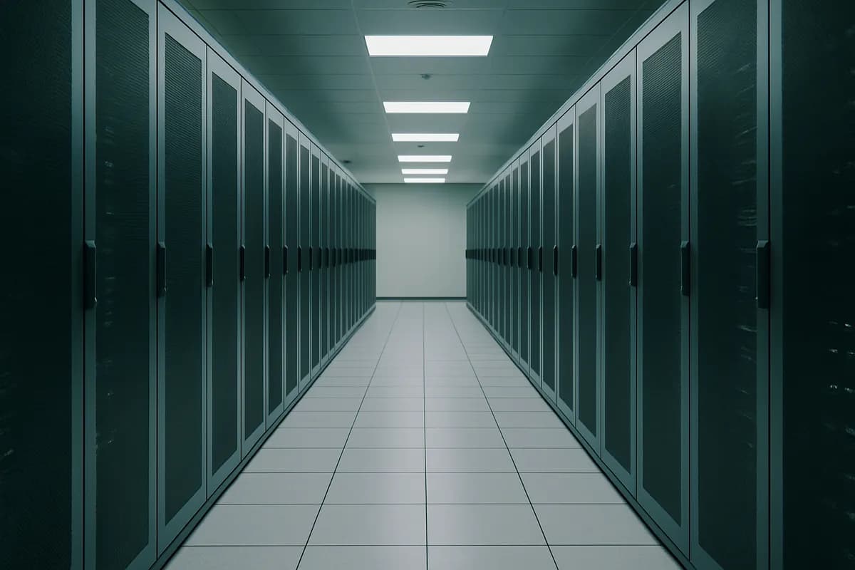 A corridor of server cabinets inside a data centre, receding under even lighting.