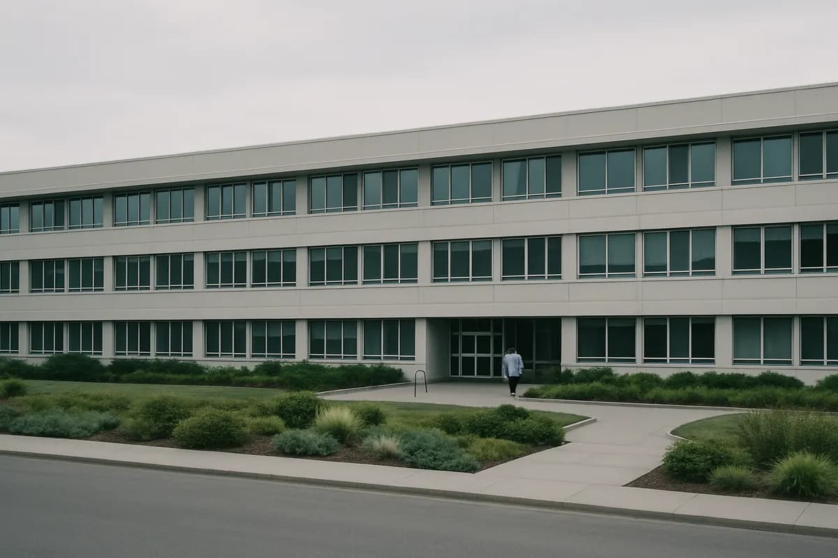 The facade of a contemporary hospital seen across a landscaped forecourt in daylight.