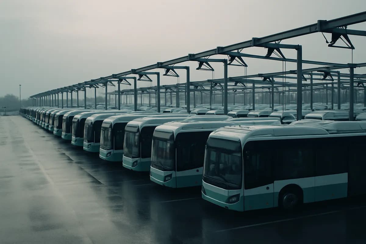 Rows of electric city buses parked under overhead charging gantries at dawn.