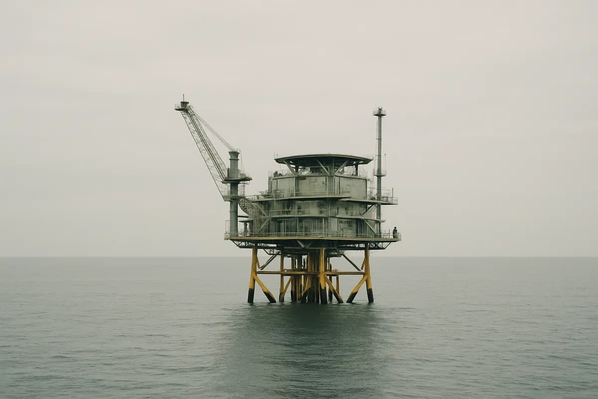 An offshore production platform standing on calm grey sea under an overcast sky.