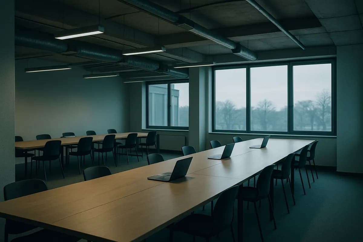 An empty shared workspace early in the morning, closed laptops along long desks.