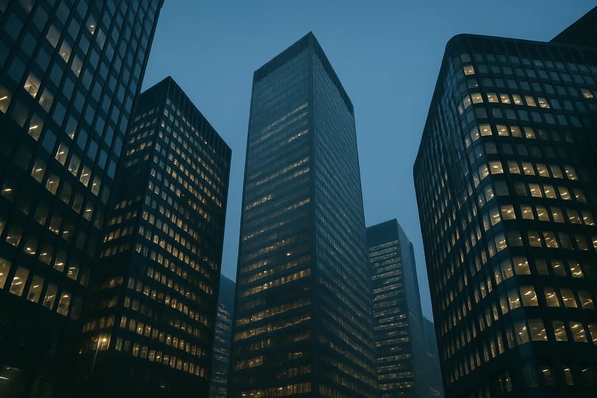 Financial district towers seen from street level at blue hour, lit floors forming a grid.