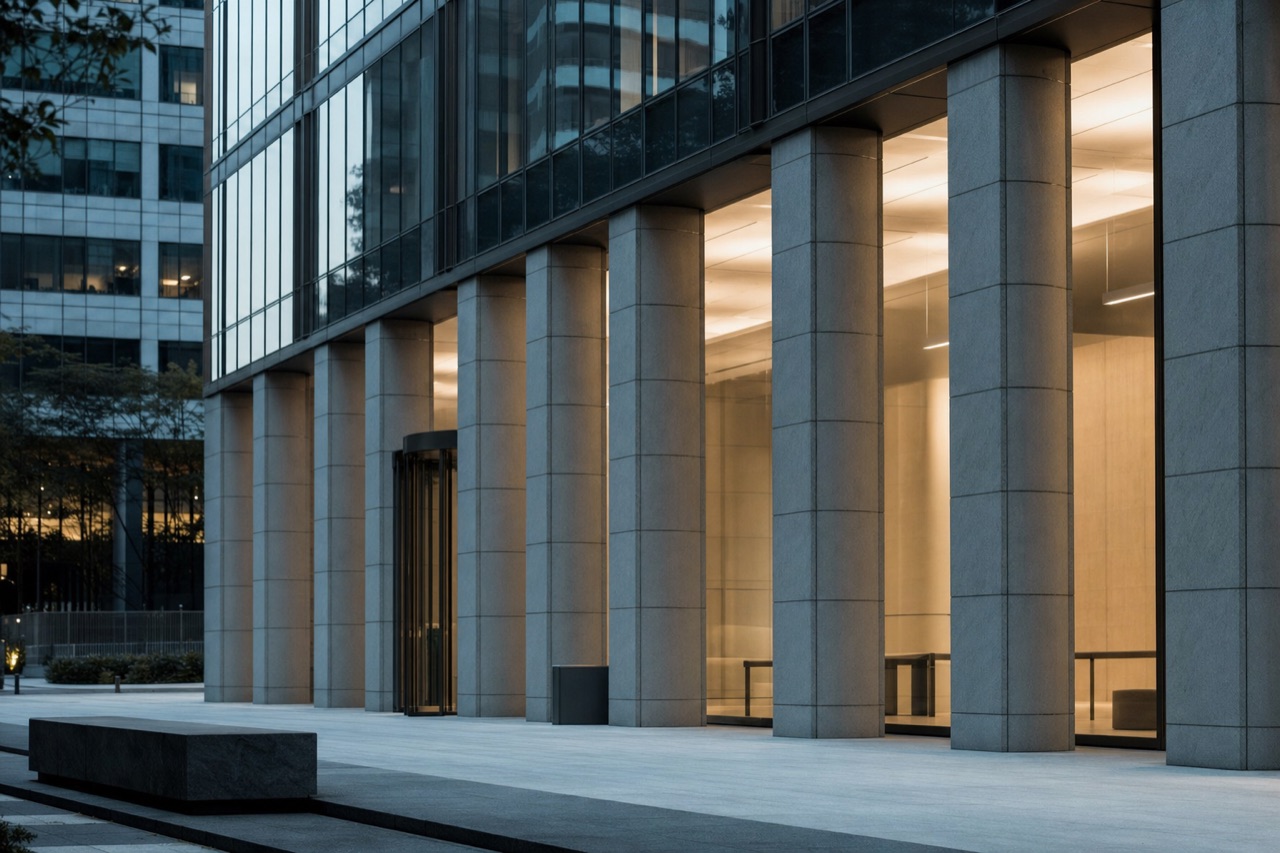 The colonnaded lower facade of a financial institution at dusk, lobby lit within.
