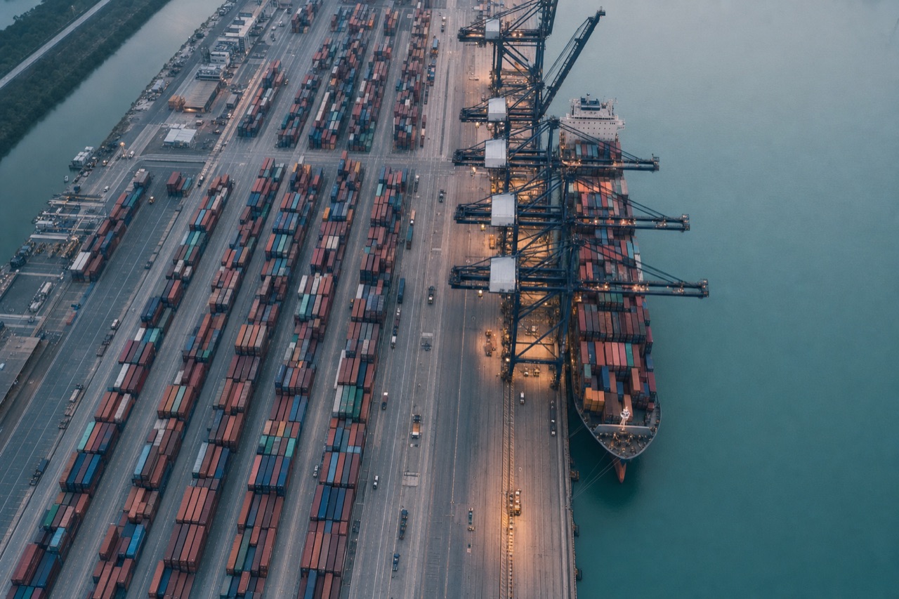 A container port at dawn seen from above, stacked containers and gantry cranes.
