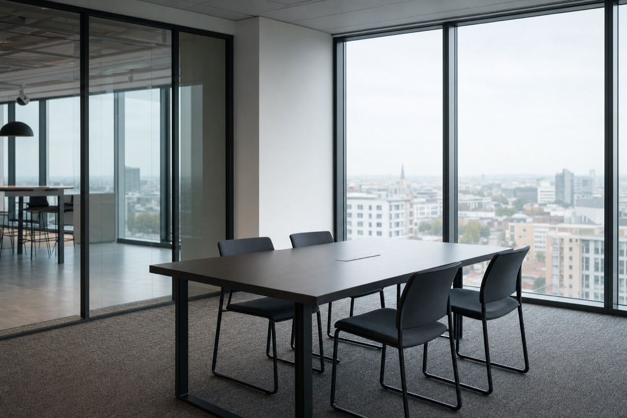 An empty meeting room with a plain table and a full-height window over a city.
