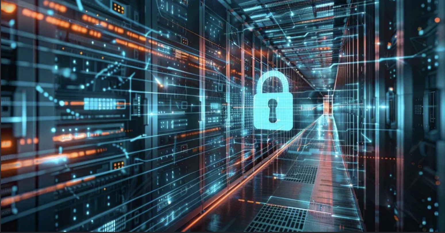 A digital rendering of a secured data centre corridor, with a glowing padlock over the server racks.