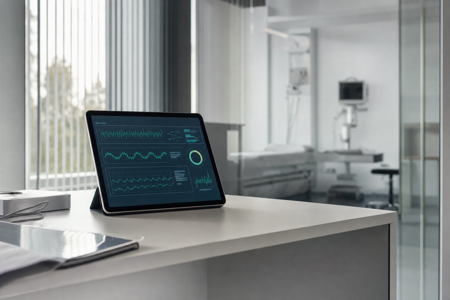 A tablet showing a patient-monitoring dashboard on a desk, with a clinical room visible beyond it.