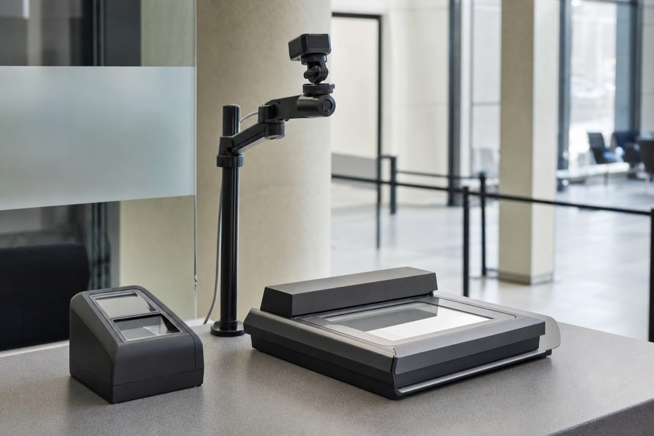 A biometric enrolment station on a counter in a civic office.