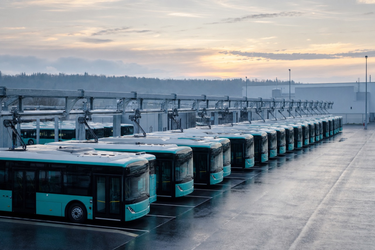 Rows of electric city buses under overhead charging gantries at dawn.