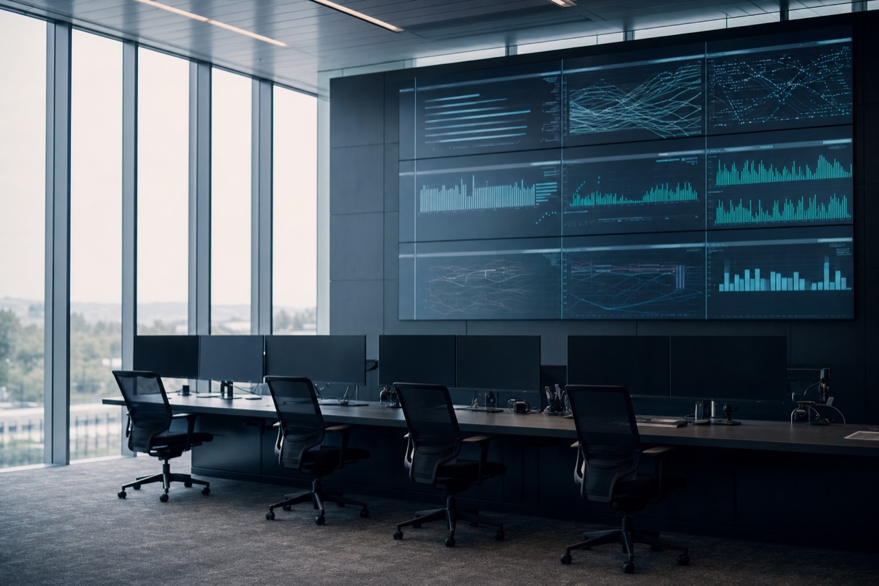 An operations room of dark monitors facing a wall of analytics displays.