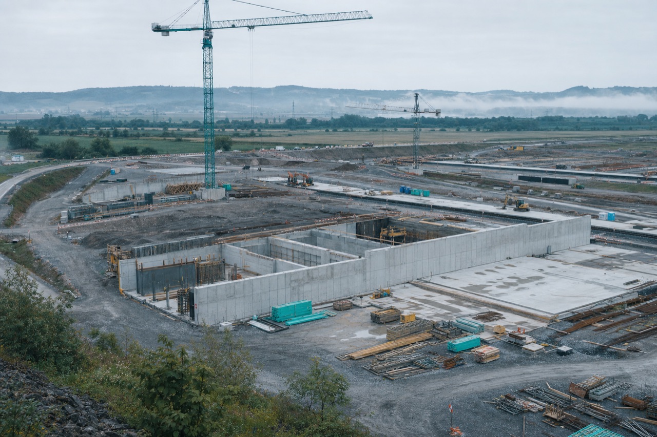 A large civil infrastructure site at first light: tower cranes and concrete forms.